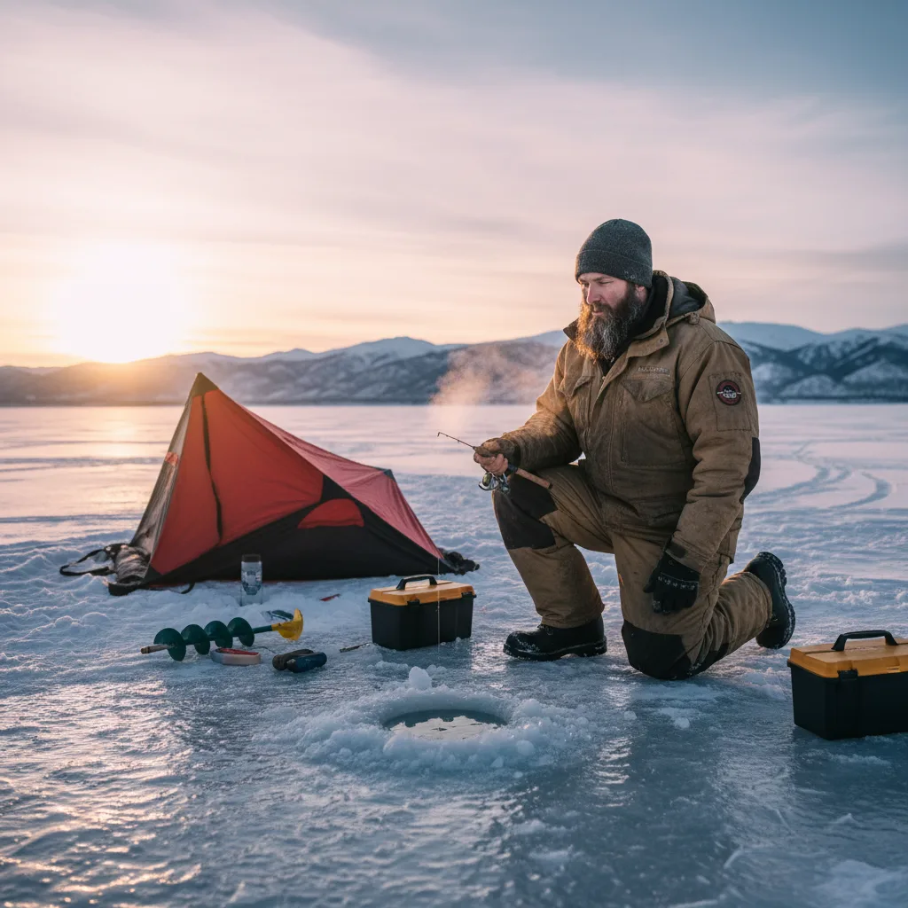 Equipe e barraca em expedição de ice fishing no lago congelado